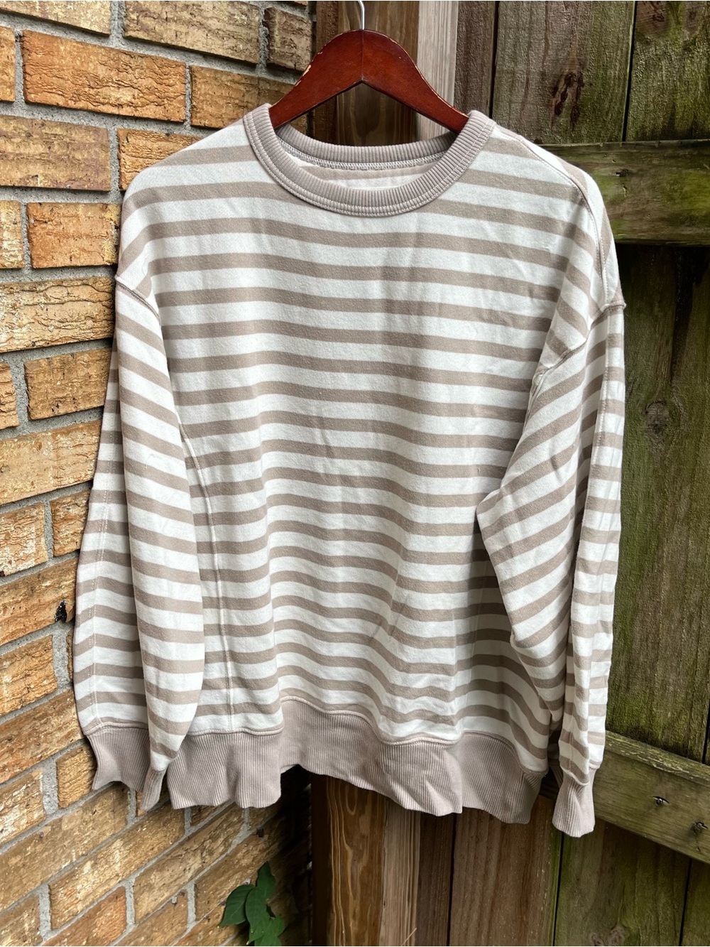 Aerie Oversized Striped Crewneck Sweatshirt - Beige & White
